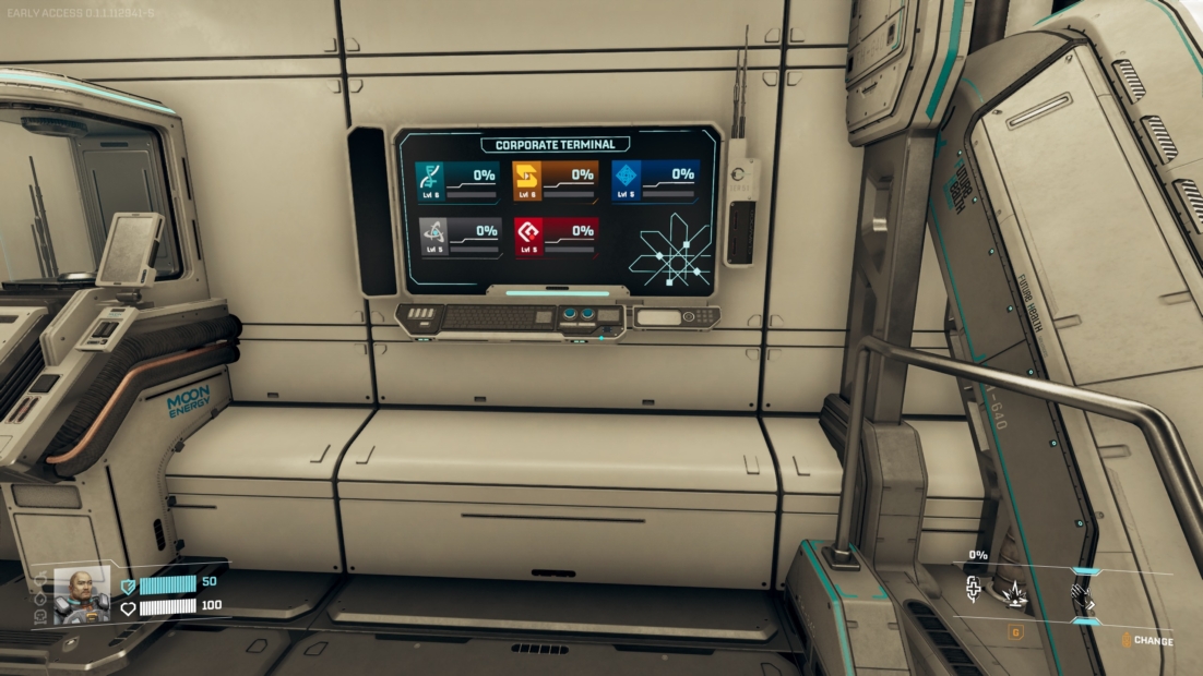 Futuristic room with a screen above a bench displaying a user interface with various percentage indicators and symbols