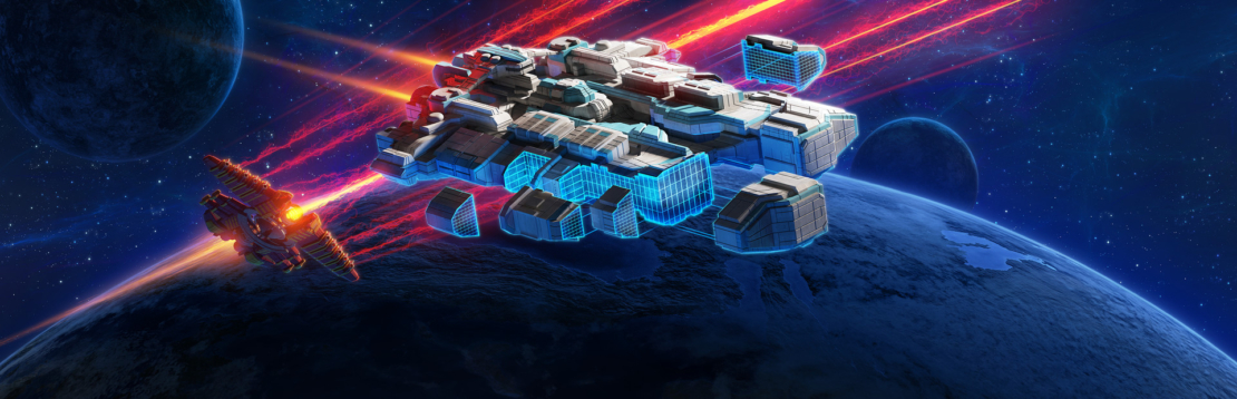Spaceship with modular glowing blue parts flying over a planet in space with multiple visible moons