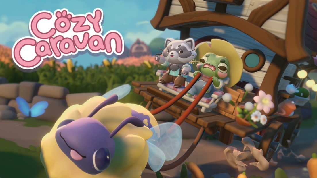 Cozy game releases in 2026: Cozy Caravan. Two cartoon characters sitting on a wooden swing in front of a house with a round window and flowers in the foreground.