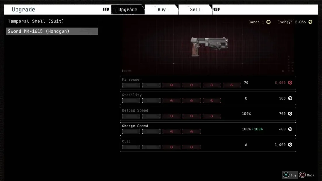 Cronos The New Dawn Tips: Weapon upgrade menu from 'Cronos: The New Dawn' showing the 'Sword MK-1615 (Handgun)' with attributes: Firepower 70, Stability 3,000, Reload Speed 100%, Charge Speed 100%, Clip 6.
