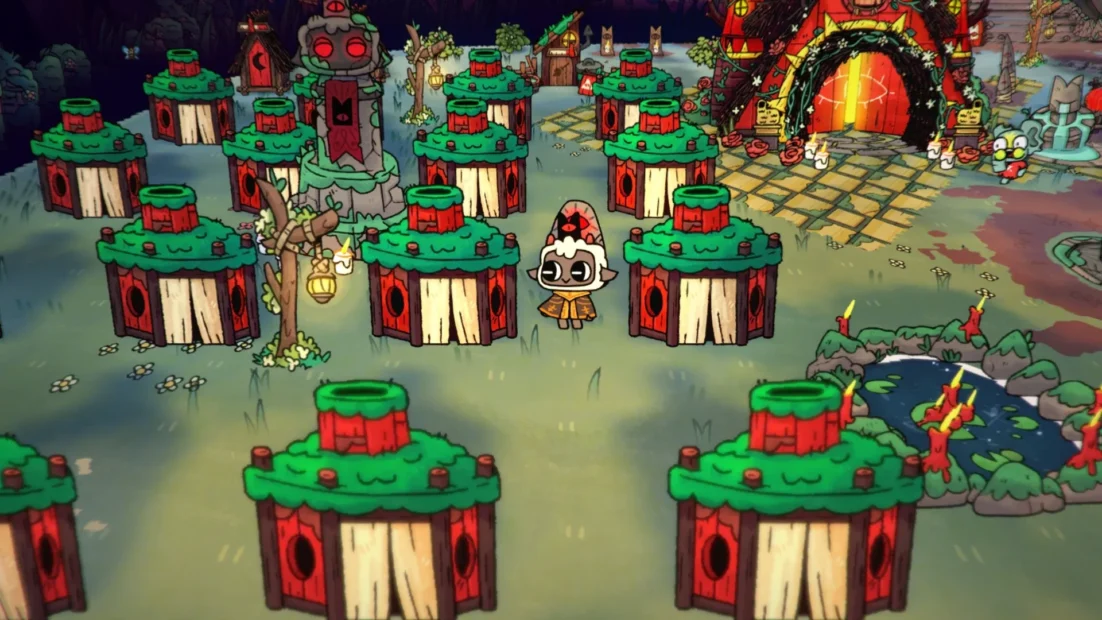 Several round wooden huts with green roofs in a settlement with a small figure with a white skull head in front.