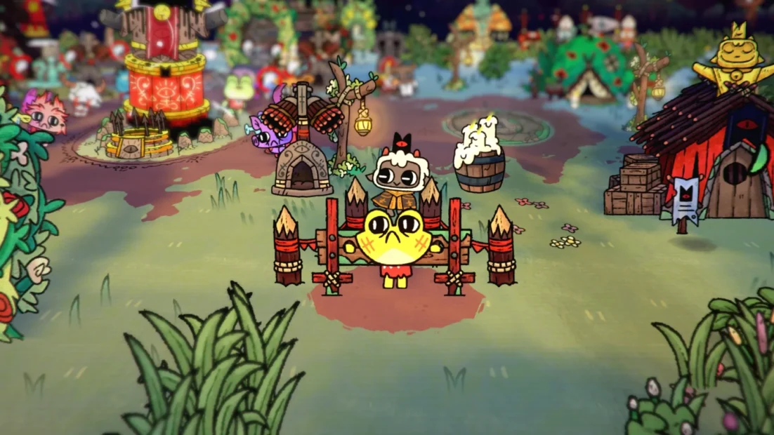 Cartoon scene with a yellow bird inside a small fenced area surrounded by various colorful buildings and plants