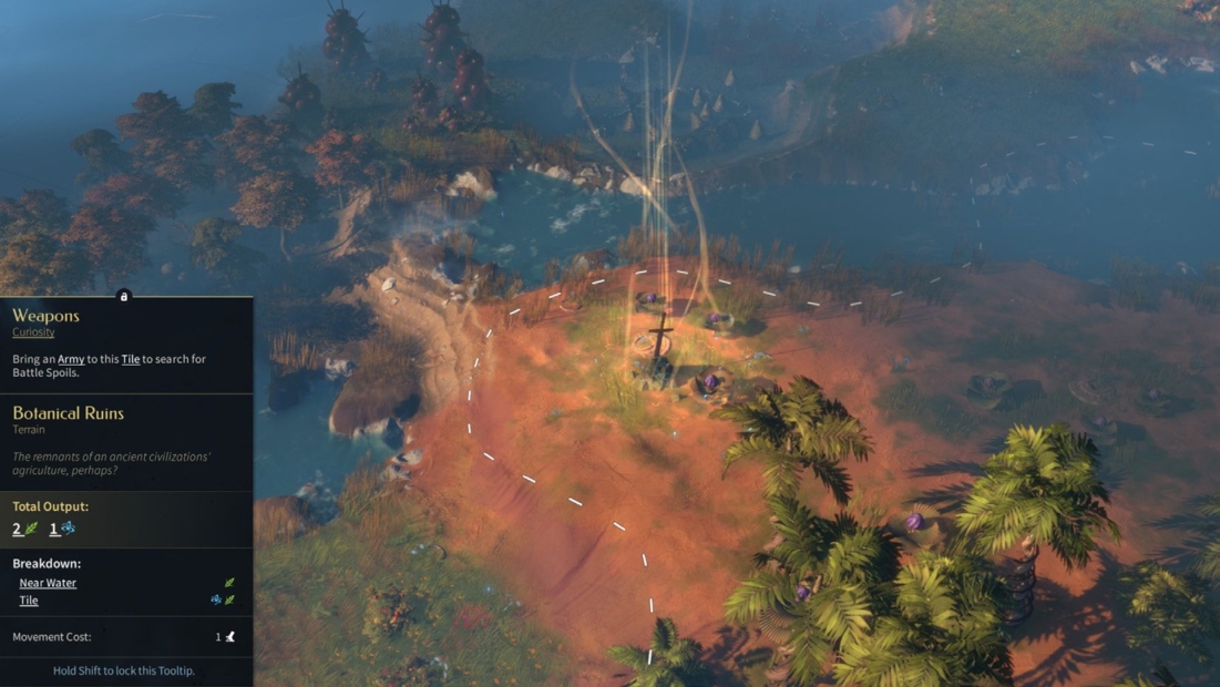 Gameplay scene from ENDLESS Legend 2 showing a map with a vegetated ruins area and a tooltip detailing weapons, botanical ruins, and movement cost.