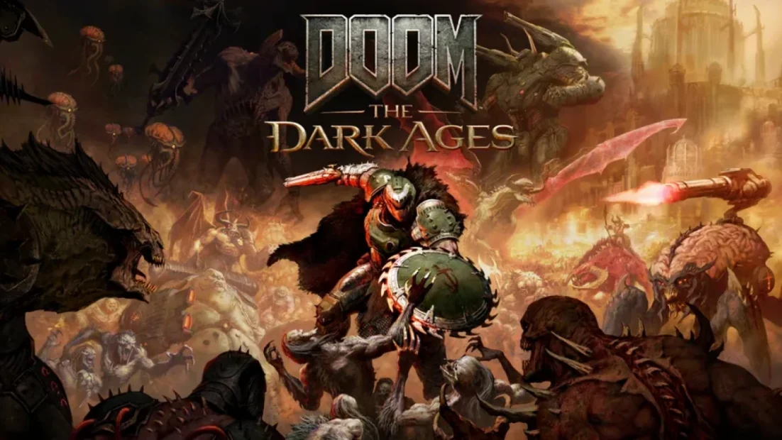 DOOM The Dark Ages game cover showing a heavily armored warrior fighting various monstrous creatures in a fiery, chaotic battlefield