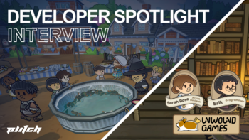 Left shows a round pool with characters, right features portraits of Sarah Rose and Erik from Unwound Games with their logo.
