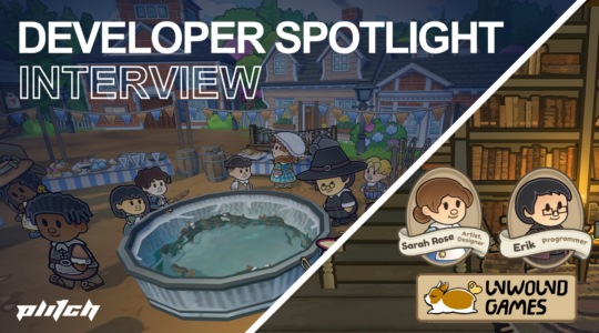Left shows a round pool with characters, right features portraits of Sarah Rose and Erik from Unwound Games with their logo.