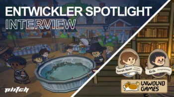 Links ein Brunnen mit Charakteren in einer festlichen Umgebung, rechts Porträts von Sarah Rose und Erik von Unwound Games mit einem Logo.