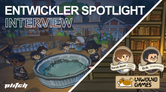Links ein Brunnen mit Charakteren in einer festlichen Umgebung, rechts Porträts von Sarah Rose und Erik von Unwound Games mit einem Logo.