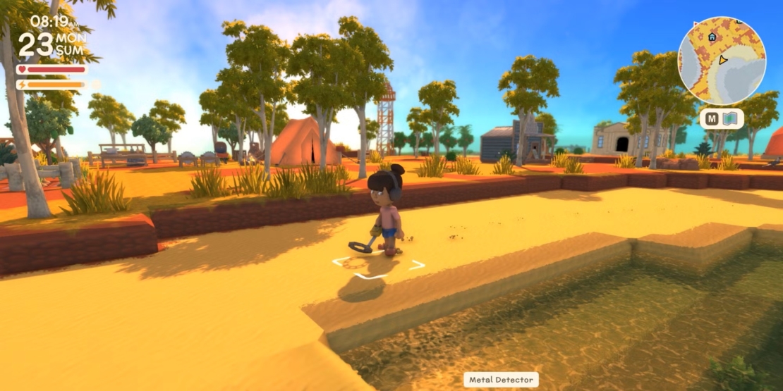 character using a metal detector on the beach