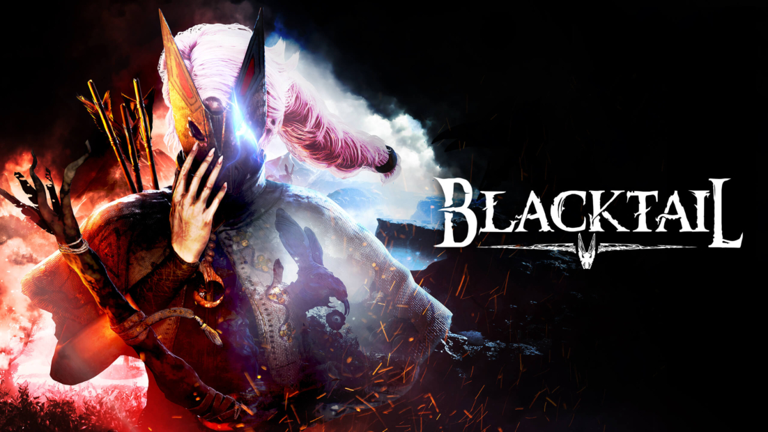 A character wearing a mask and a pink ponytail holds a bow and arrows, with a shadowy figure of a rabbit in the background. The text 'BLACKTAIL' is prominently displayed.