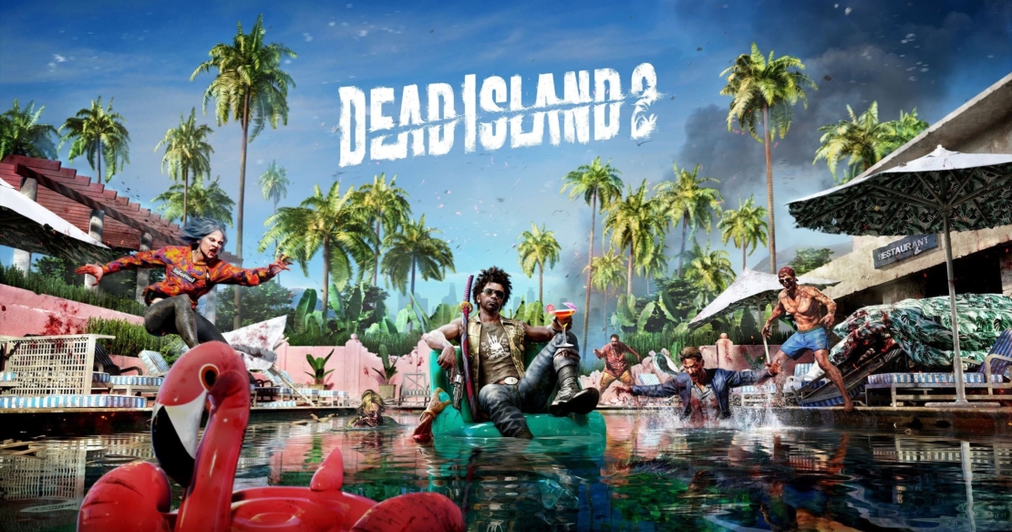 Man sitting on a flamingo pool float holding a drink, surrounded by zombies jumping into a pool under palm trees, with 'Dead Island 2' title above