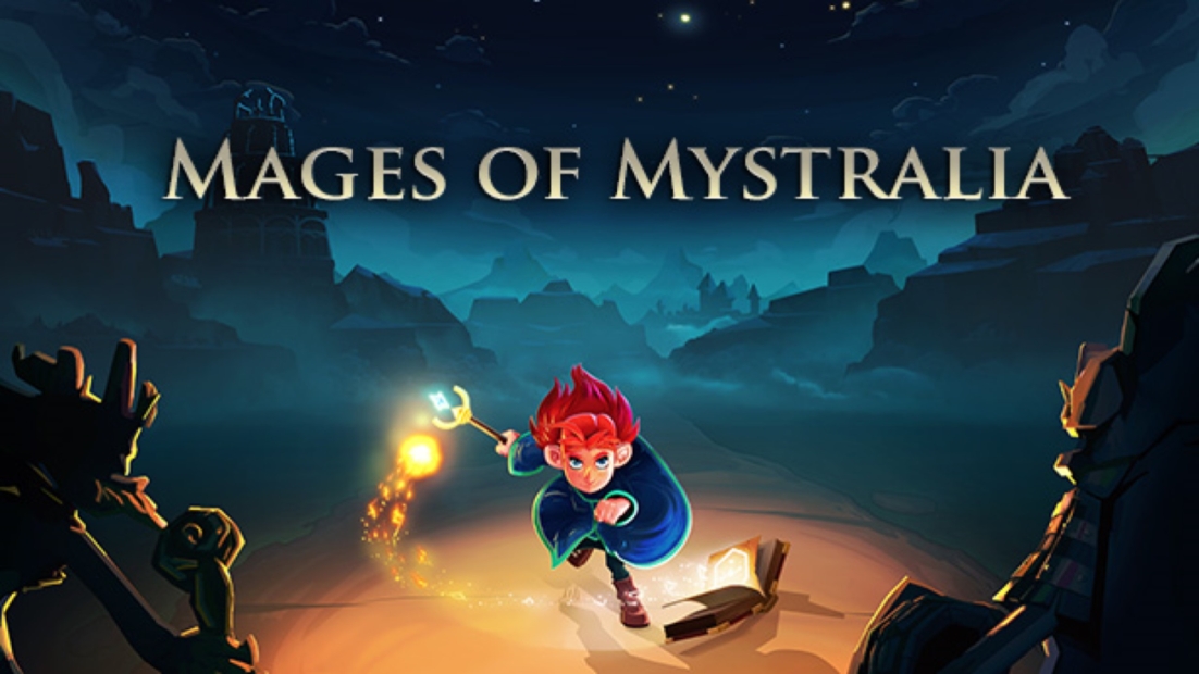 A young girl with red hair runs through a mystical landscape, holding a glowing staff. The title 'Mages of Mystralia' is displayed above.