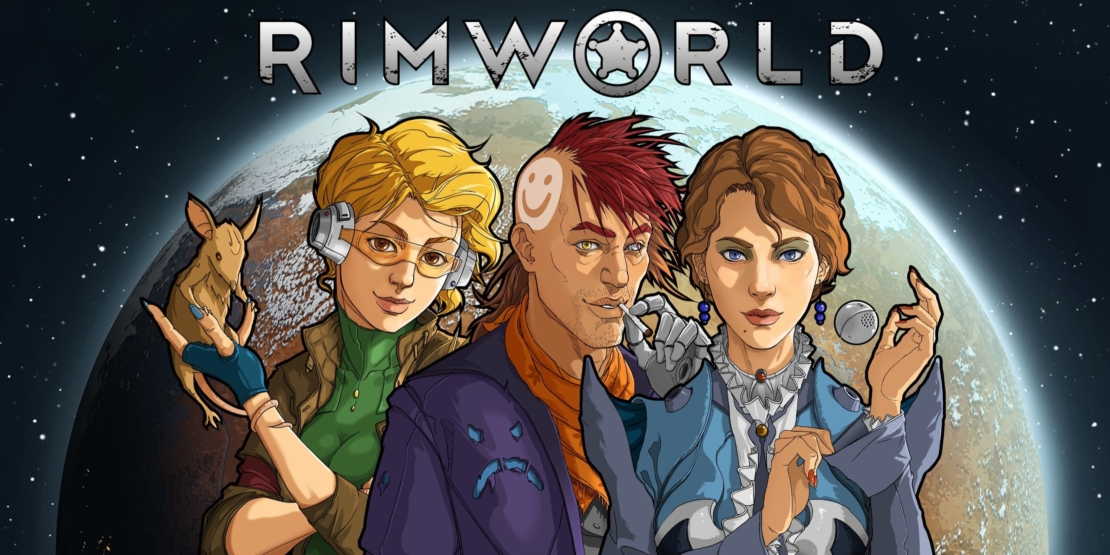 Drei Figuren aus dem Spiel „RimWorld“ vor einem Planeten, darunter eine blonde Frau mit Brille, die ein kleines Wesen hält, ein Mann mit rotem Irokesenschnitt und einem Smiley-Tattoo und eine Frau mit lockigem braunem Haar, die ein Mikrofon hält.