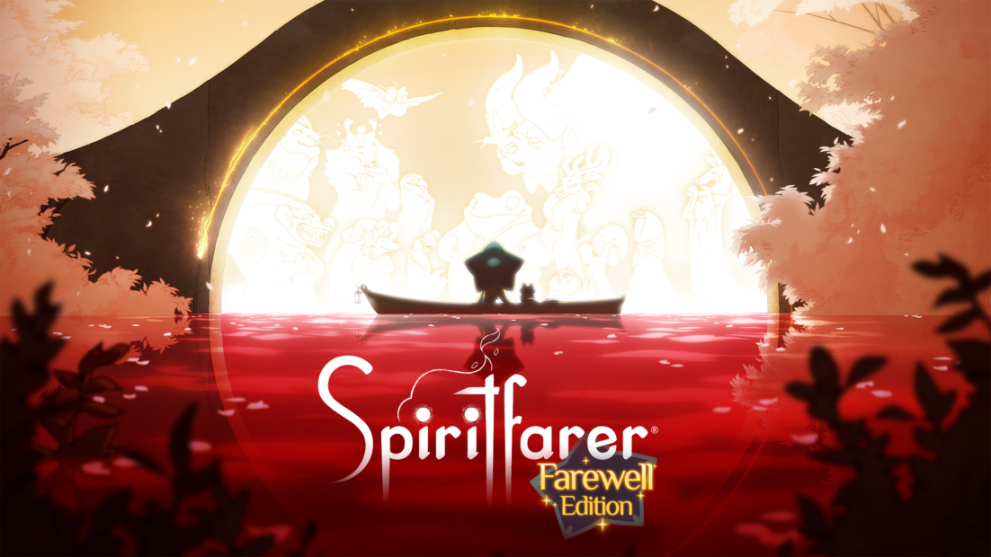 Silhouette of a person in a boat on red water in front of a large bright archway with stylized figures in the background and the text 'Spiritfarer Farewell Edition'