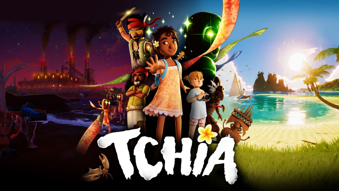 Gruppe von animierten Figuren aus dem Spiel „Tchia“, die auf einer tropischen Insel stehen, mit einem Sonnenuntergang und einer Fabrik im Hintergrund.