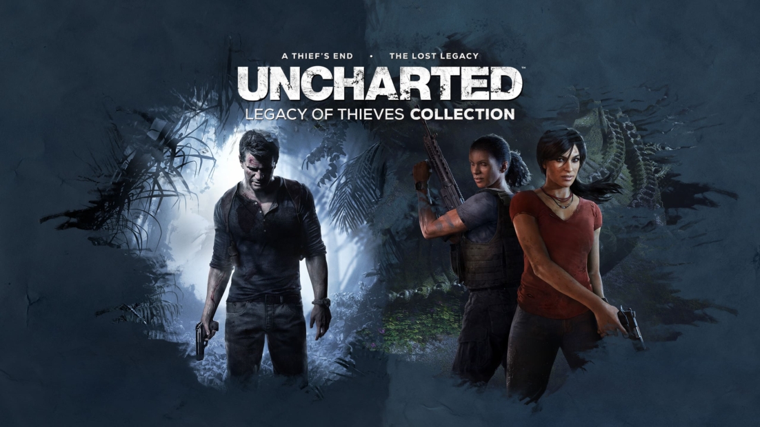 Werbegrafik für „Uncharted Legacy of Thieves Collection“ mit drei Figuren, die vor einem dunklen, dschungelartigen Hintergrund Waffen halten.