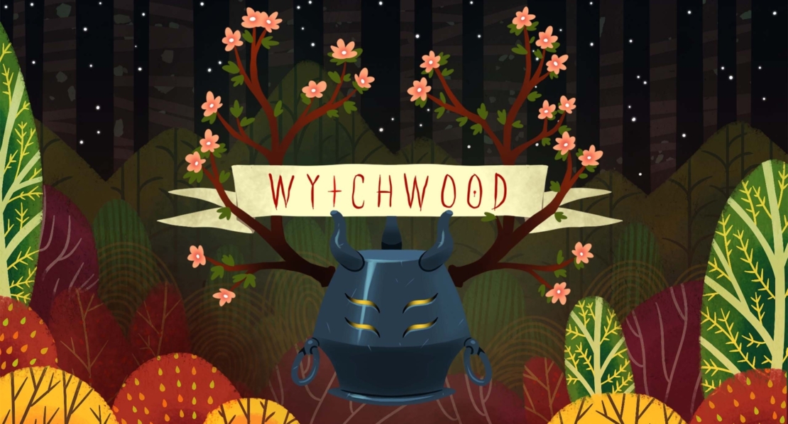 Illustration featuring a dark blue mask with yellow eyes, surrounded by colorful foliage and flowers. The word 'WYTCHWOOD' is displayed on a banner above the mask.