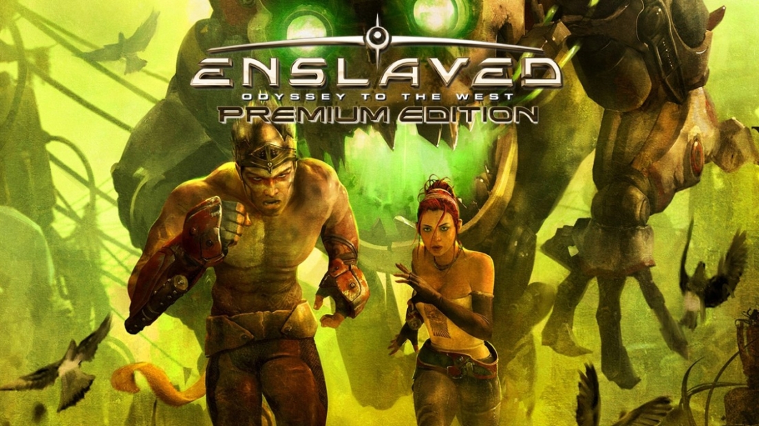 Two combat-ready figures with mechanical arms in front of a large mechanical creature and flying birds in a green misty environment with the text 'ENSLAVED ODYSSEY TO THE WEST PREMIUM EDITION'