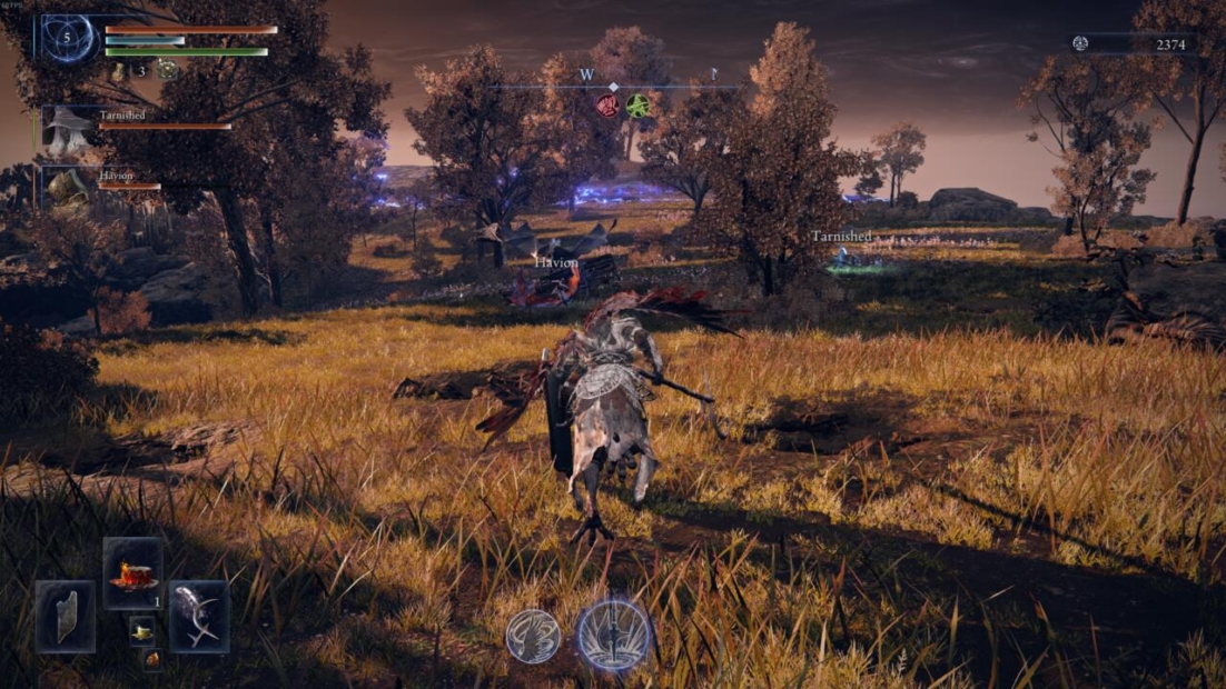 Spielfigur in Elden Ring Nightreign rennt in der Abenddämmerung durch eine Wiese mit Bäumen und nähert sich einem blau leuchtenden Bereich in der Ferne.
