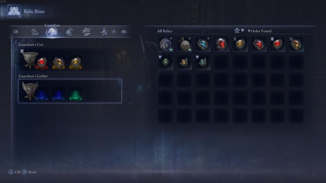 Elden Ring Nightreign Tipps: Spielmenü mit dem Reiter „Reliktriten“, in dem die Relikte „Guardian's Urn“ und „Guardian's Gablet“ ausgewählt sind und deren Symbole und Beschreibungen angezeigt werden.