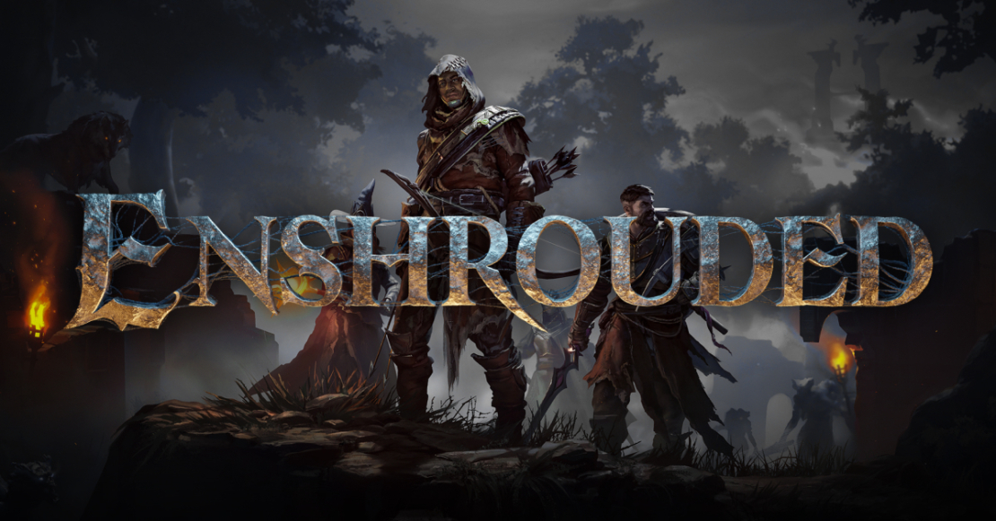 Two armed figures standing in a dark forest at night, with the word 'ENSHROUDED' in large metallic letters in the foreground.