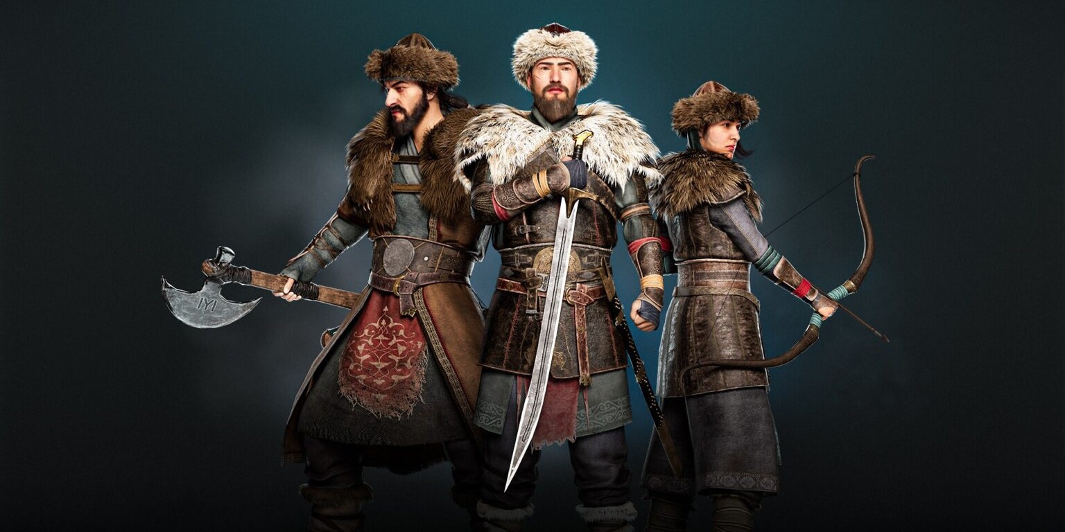 Drei Figuren aus dem Spiel „Ertugrul von Ulukayin“ in mittelalterlichen Rüstungen; die Figur in der Mitte hat ein Schwert und einen Pelzmantel, die Figur links hat eine Axt, die Figur rechts hat einen Bogen.