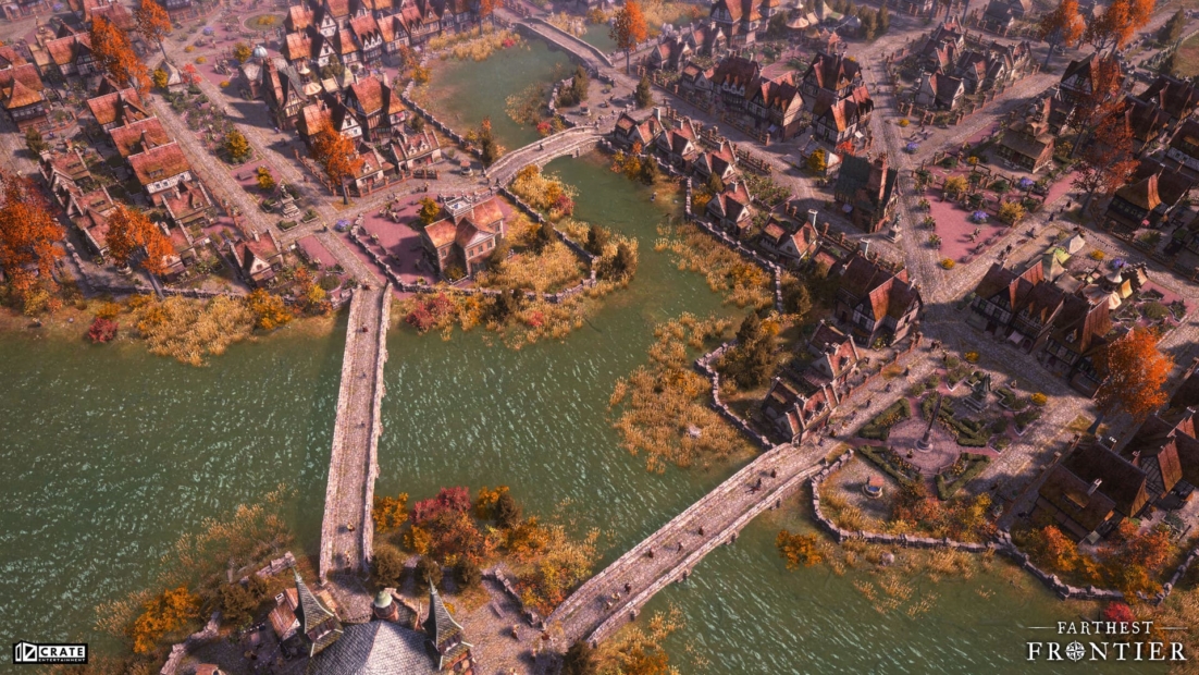 Farthest Frontier Tipps: Luftaufnahme einer Stadt mit mehreren Brücken über einen Fluss, umgeben von herbstlich gefärbten Bäumen und dicht bebauten Straßen.