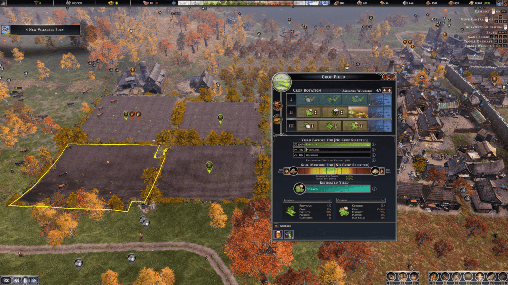 Herbstliche Landschaft mit mehreren Feldern, einem Dorf und einem geöffneten Spielfenster zur Feldbewirtschaftung.