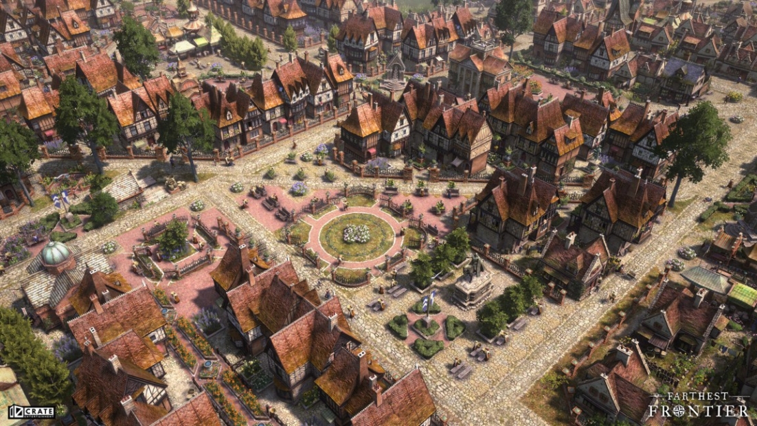 Vogelperspektive auf einen mittelalterlichen Marktplatz mit gepflastertem Platz, Brunnen in der Mitte und Fachwerkhäusern mit roten Dächern.