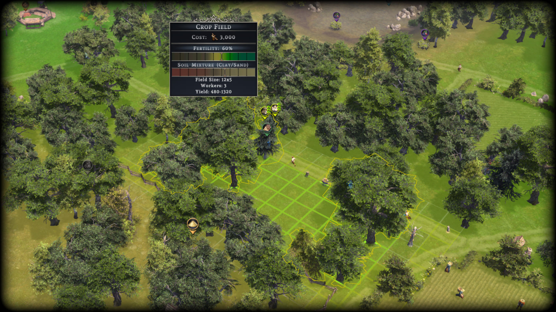 Farthest Frontier Ackerbau Tipps: Vogelperspektive auf ein landwirtschaftliches Spielfeld mit Bäumen, einem Rasterfeld und einem Informationsfenster mit Angaben zu Kosten, Fruchtbarkeit, Arbeitern und Ertrag.