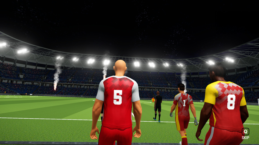 Three soccer players in red-and-yellow jerseys with numbers 5, 1, and 8 stand on a field in a lit stadium, viewed from behind