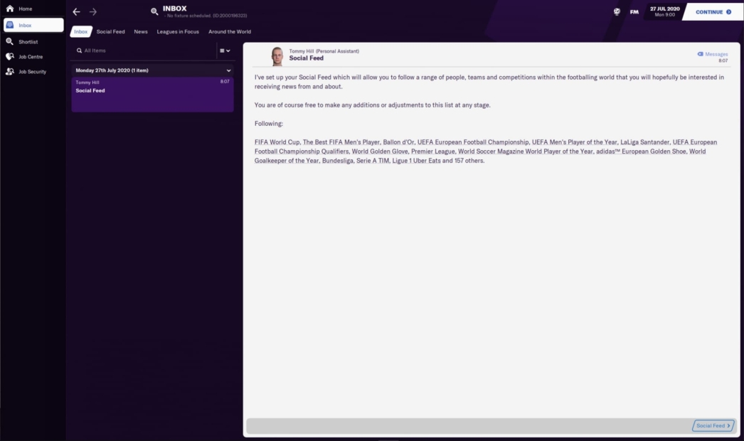 Football Manager 2024 Tipps: Der Posteingangsbildschirm zeigt eine Nachricht vom Social Feed Personal Assistant mit einer Liste der Fußballwettbewerbe und Auszeichnungen, die verfolgt werden, darunter die FIFA-Weltmeisterschaft, die UEFA Champions League und der Ballon d'Or.