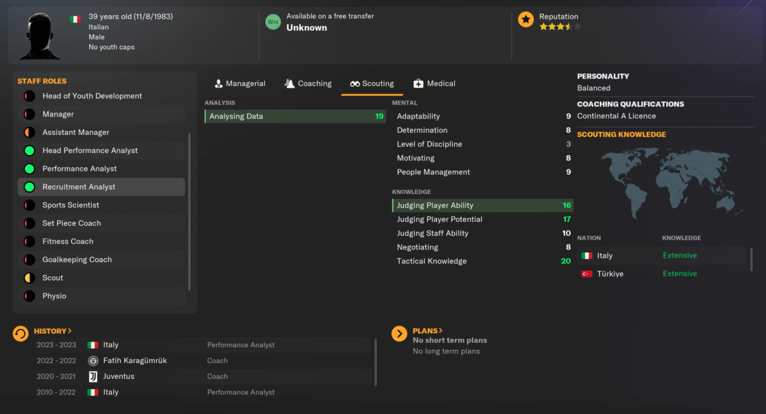 Der Scouting-Bildschirm von Football Manager 2024 zeigt einen 39-jährigen Italiener, der als Leistungsanalyst und Scout arbeitet. Er hat eine ausgeglichene Persönlichkeit, Trainerqualifikationen und gute Kenntnisse in der Beurteilung von Spielern und Mitarbeitern, im Verhandeln und in der Taktik.