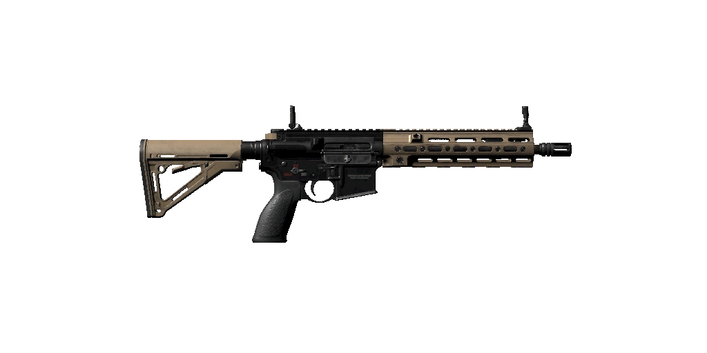 Semi-automatic rifle with brown stock and handguard, black grip and magazine, side sight, and muzzle brake.