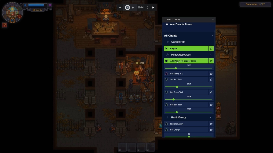 Screenshot of a game with an open cheat menu showing options to add money and resources