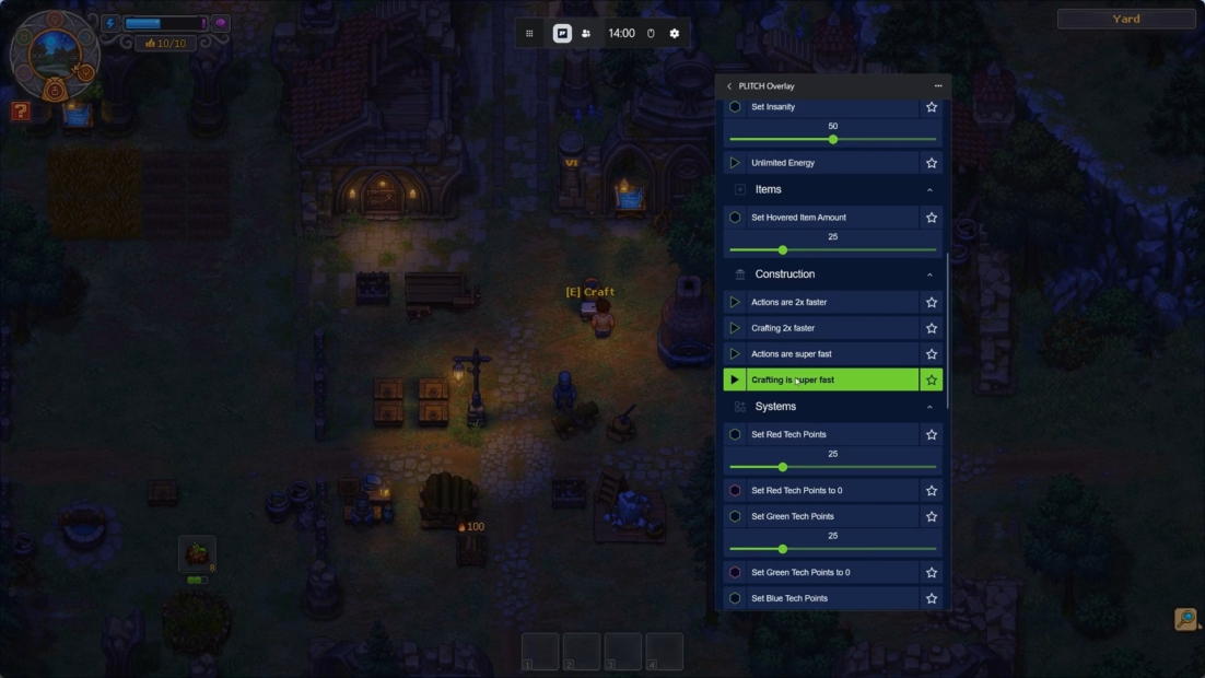 Graveyard Keeper 2 mods and cheats from PLITCH: Nighttime game scene showing a character surrounded by crates and buildings with a menu open displaying crafting speed settings.