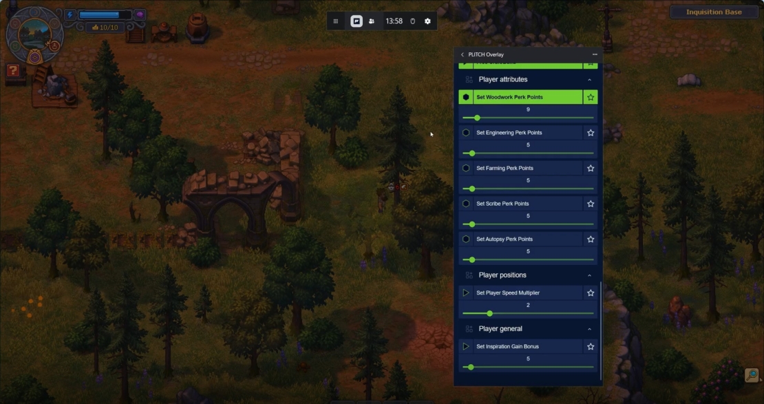 Game screen showing an overview map of a forest area and a menu with various player attributes and points.