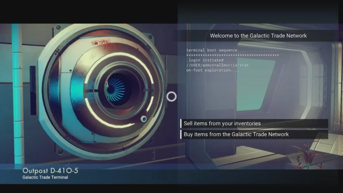 Willkommen beim Galactic Trade Network. Optionen: 'Artikel aus Ihren Inventaren verkaufen', 'Artikel vom Galactic Trade Network kaufen'.