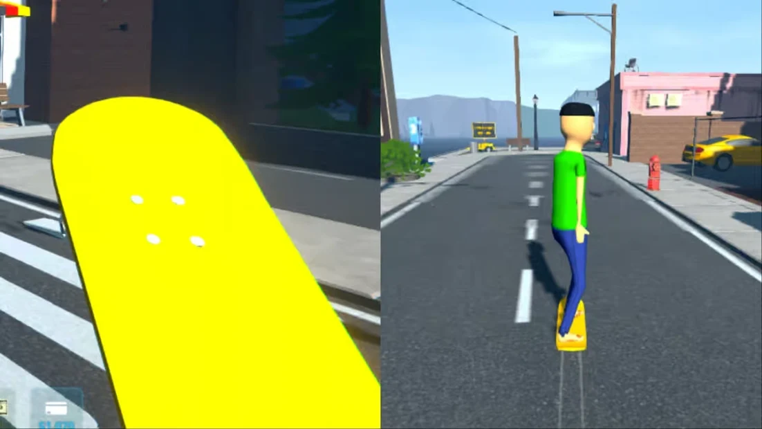 First-person view of a bright yellow skateboard on a city street and a character in a green shirt riding the skateboard on an empty road in the game Schedule I