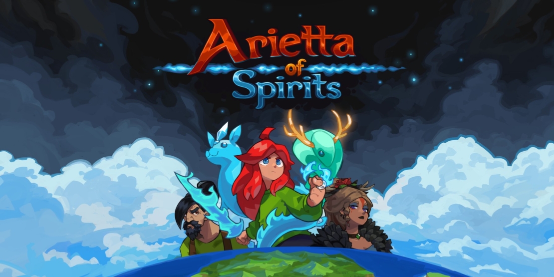 Illustration of a young woman with red hair and green cloak accompanied by a blue and a green mythical creature with the title 'Arietta of Spirits' above