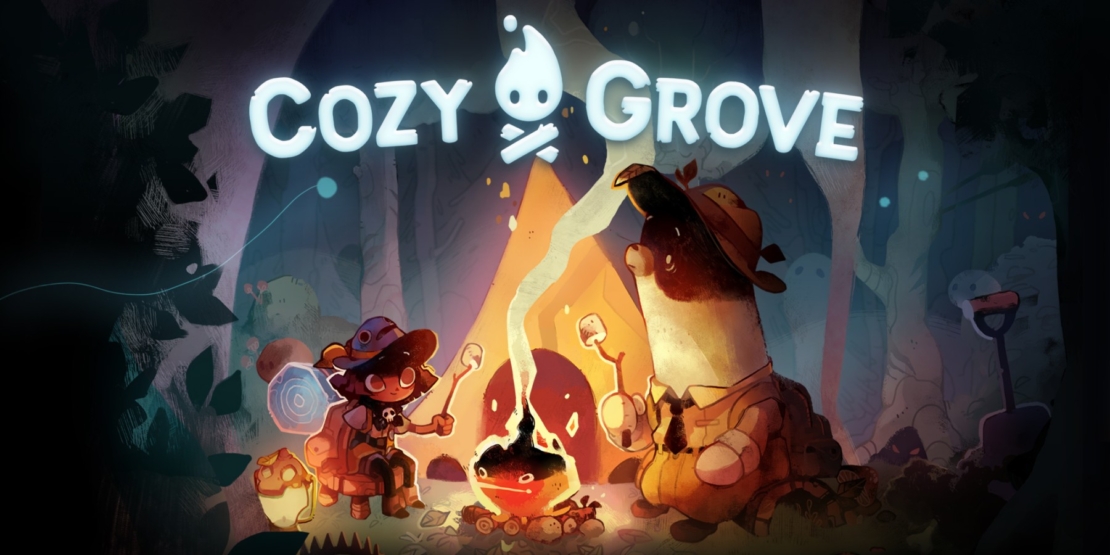 Two animal characters wearing hats sit around a campfire in a forest with the text 'COZY GROVE' and a ghost symbol above
