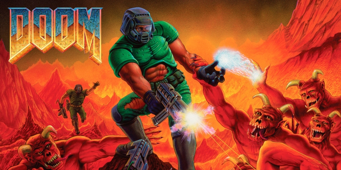 A muscular soldier in green armor fights multiple red demons in a rocky red landscape with the word 'DOOM' visible in the top left corner.