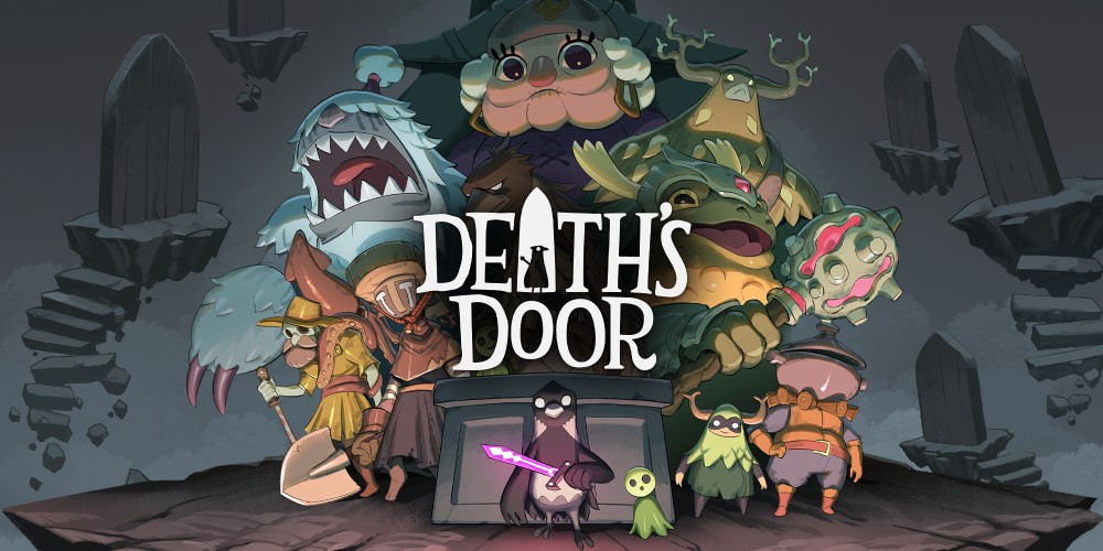 Various fantasy characters surround the text 'DEATH'S DOOR' in a dark stone setting with stairs and pillars.