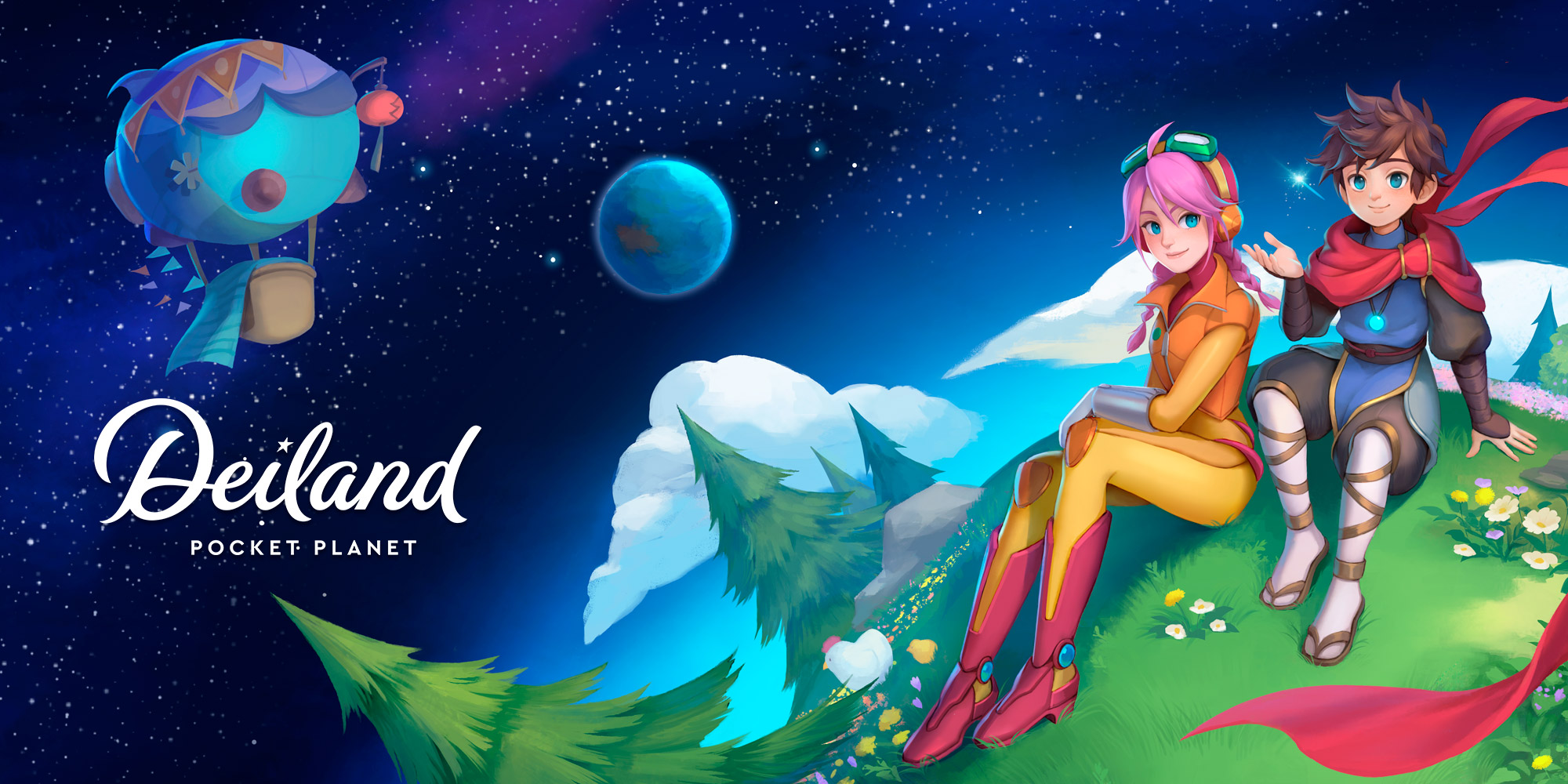 Zwei Figuren aus dem Spiel „Deiland“ sitzen auf einem grasbewachsenen Hügel unter einem Sternenhimmel, in dem ein Planet zu sehen ist. Die eine trägt ein orange-rosa Outfit mit einer Schutzbrille, die andere einen roten Schal und eine Rüstung.