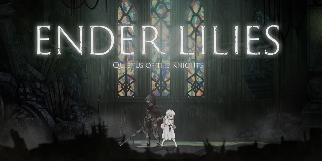 Two figures stand before stained-glass church windows, one wearing armor and holding a sword, the other in a white dress.