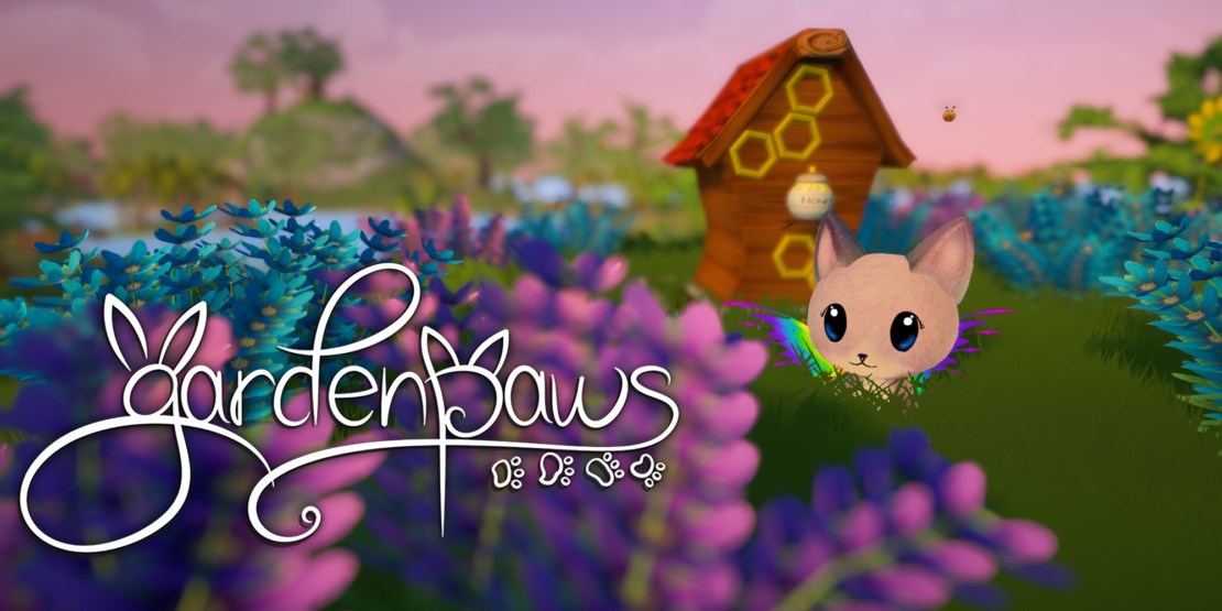 Süße Katzenfigur neben einem Bienenstock, um den Bienen in einem bunten Garten herumfliegen, mit dem Schriftzug „Garden Paws” in Schreibschrift.