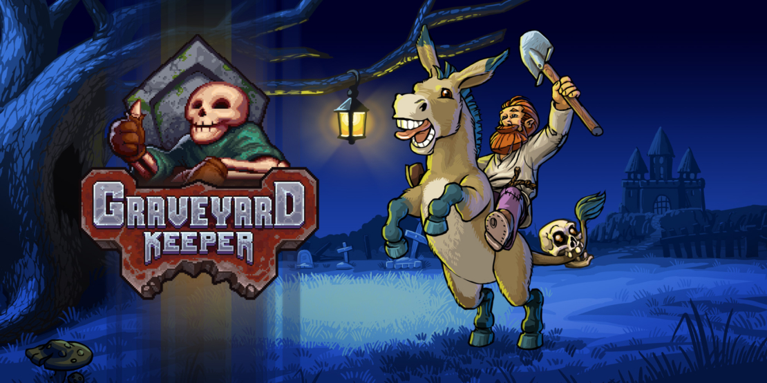 A skeleton in a green robe holds a shovel and rides a donkey. In the background, there is a tree, a lantern, and a castle. The text 'GRAVEYARD KEEPER' is prominently displayed.