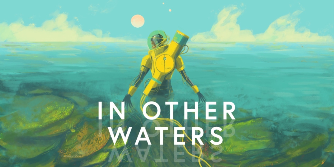 Story-driven indie games: In Other Waters. Diver in yellow suit with helmet underwater with sun and water surface in background
