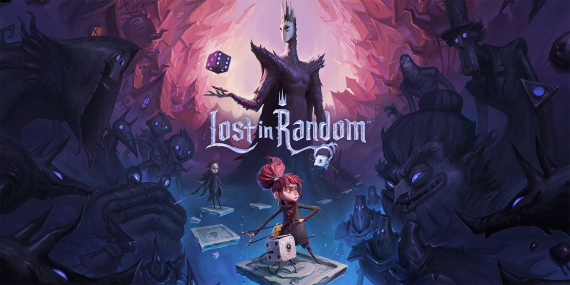 A dark fantasy landscape featuring a large shadowy figure holding dice. In the foreground, a small figure with red hair carries a die on its back. The title 'Lost in Random' is prominently displayed.