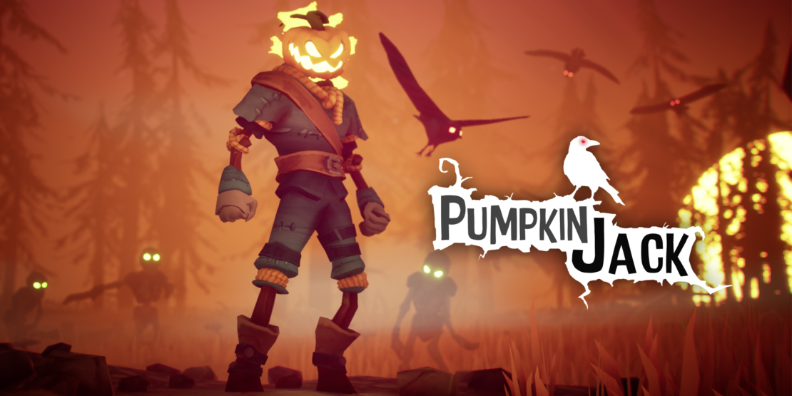 Spooky games: The character Pumpkin Jack stands in a foggy, orange environment. He wears a blue jacket and has a glowing pumpkin head. Shadowy figures and flying birds are visible in the background. The text 'PUMPKIN JACK' is displayed at the bottom right.